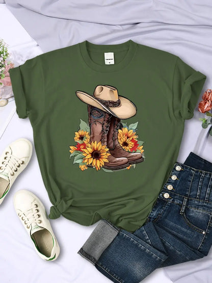 T-shirt femme motif cow-boy et bottes de l'Ouest, manches courtes décontracté et à la mode, col rond, coupe ample, vêtement de ville quotidien