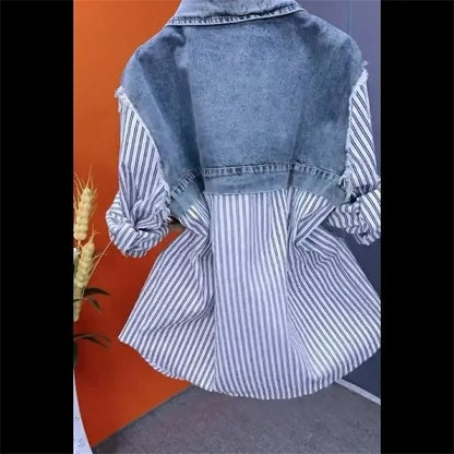 Women's denim jacket, fake two denim shirts, new spring-summer autumn 2025 collection, casual fashion, Joker stitching, striped tops, feminine coat