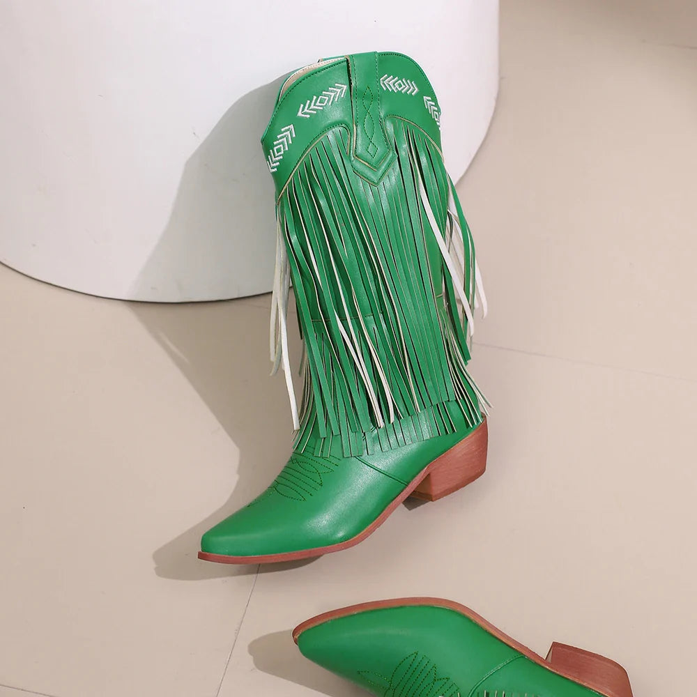 Bottes de cowboy pour femmes, brodées, à glands, talons épais, bout pointu, roses, de style western, bottes compensées sans lacets pour femme