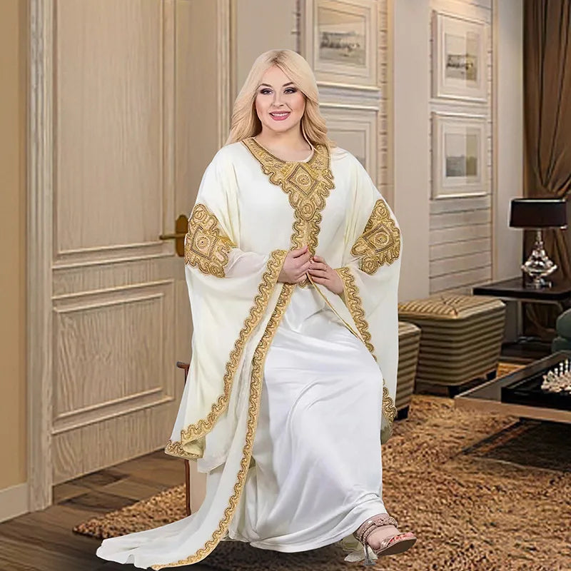 Abaya-Robes de soirée pour femmes, caftan musulman, manches évasées, robe brodée en dentelle dorée, trempée Jalabiya, Ramadan, ensemble de 2 pièces