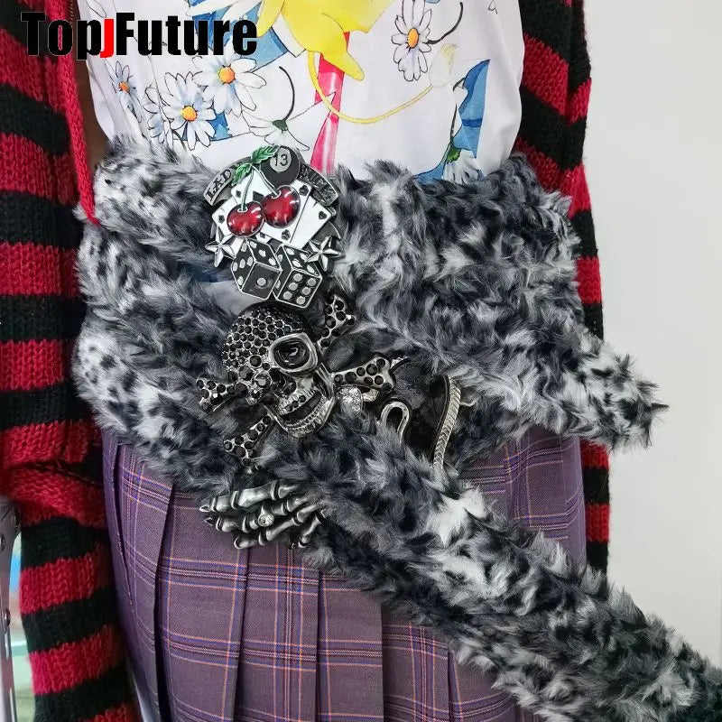 Y2K-Harajuku Western Cowboy Furry Snowleopard Punk Skull Belt, Gift for Women and Men, Girls