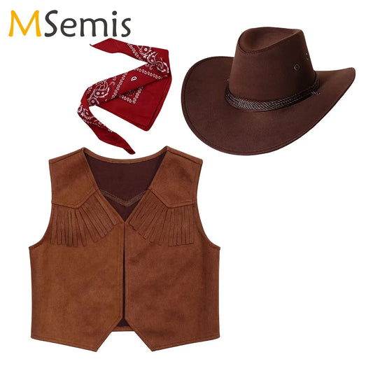 Costume de cow-boy de l'Ouest pour enfant – Gilet en cuir suédé à franges avec bandana et chapeau en feutre – Déguisement de cow-girl du Far West pour fête d'Halloween