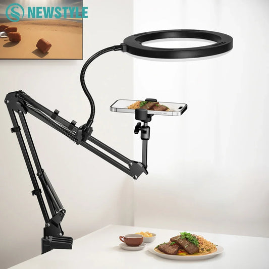 Anneau lumineux LED de diffusion en direct pour téléphone avec bras robotique flexible et support de téléphone pour prise de vue fixe, enregistrement en direct et perche à selfie