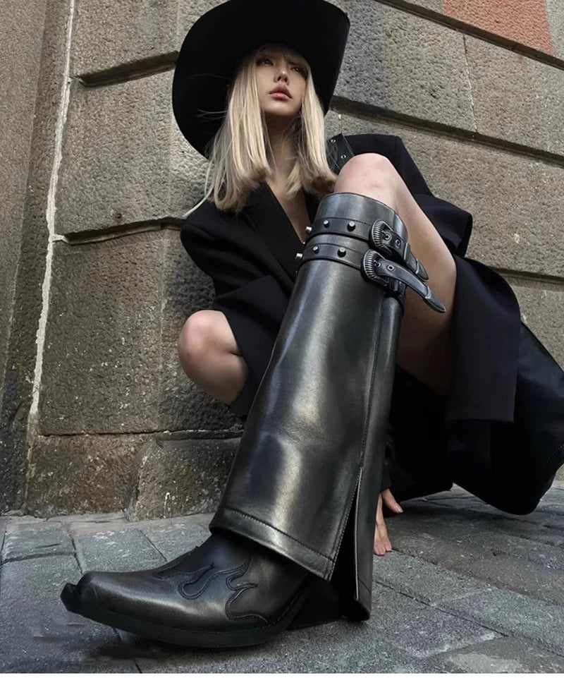 Autumn Cowboy Boots For Women Fashion Slip On Long Pipe Boots Female Square High Heel Trend Winter Footwear