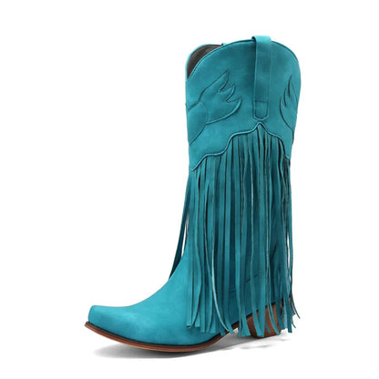 Nouvelles bottes de cowboy rétro ethniques pour femmes avec pompon à talon moyen, chaussures d'hiver pour femmes