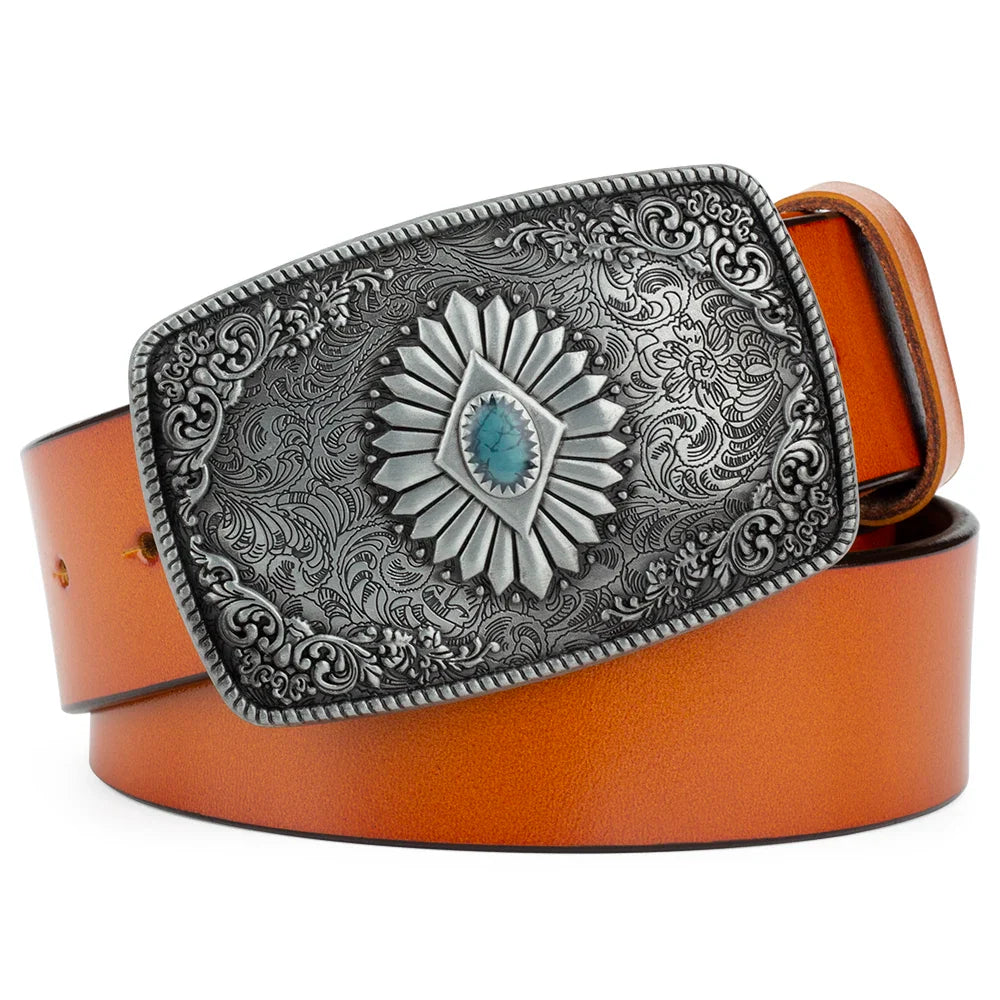 Ceinture classique en cuir véritable avec boucle émail saphir et motif floral sculpté en argent pour femmes et hommes, cadeau