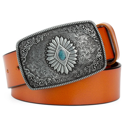 Ceinture classique en cuir véritable avec boucle émail saphir et motif floral sculpté en argent pour femmes et hommes, cadeau