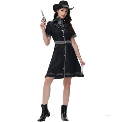 Costume de Cosplay de Cowgirl d'halloween pour femmes adultes, ensemble de robe fantaisie de fête de carnaval, Costume occidental noir pour spectacle sur scène