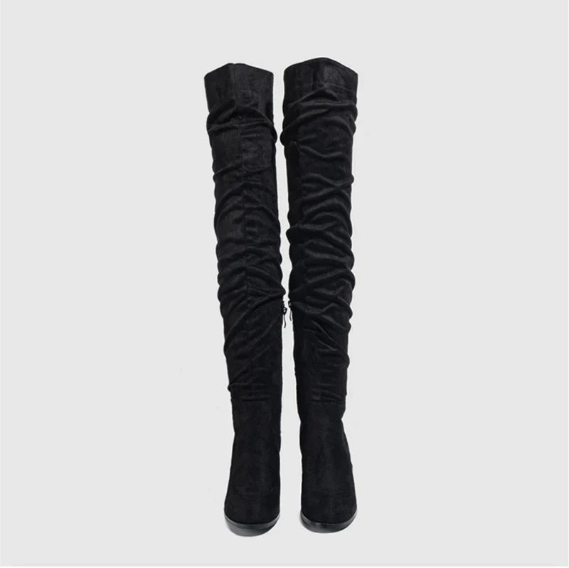 Bottes Noires Marron Cuissardes Liyke 2025 Automne Hiver Femme Sexy Bout Pointu Fermeture Éclair Chaussures Hautes Talon Carré Bottines Femme