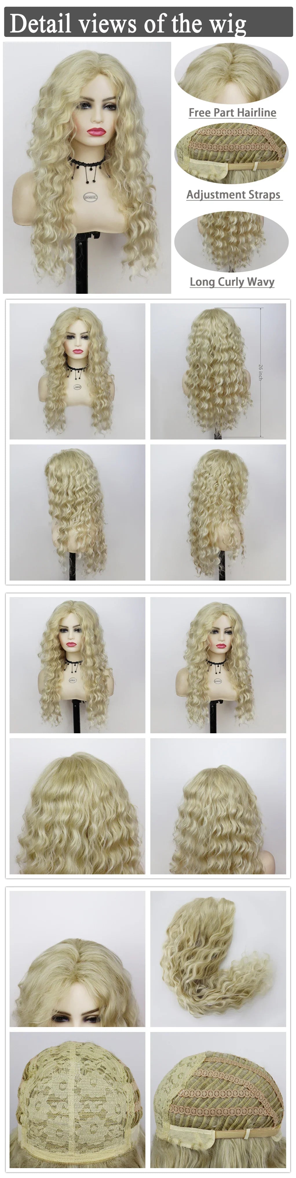 Perruque blonde bouclée cheveux synthétiques longs naturels perruques ondulées pour femmes blanches, raie libre, racines foncées, perruques ombrées, perruque ondulée tendance + autocollants