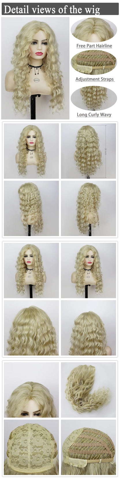 Perruque blonde bouclée cheveux synthétiques longs naturels perruques ondulées pour femmes blanches, raie libre, racines foncées, perruques ombrées, perruque ondulée tendance + autocollants