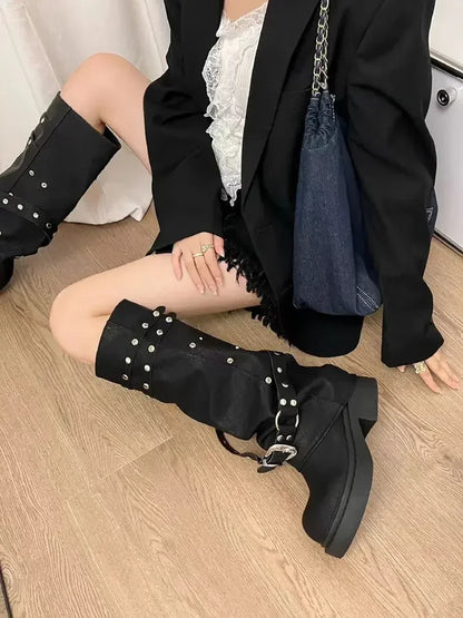 Bottes de cowgirl occidentales pour femmes, bottes hautes au genou, bottes longues en cuir PU, bottes de pantalon cloutées noires, style punk, mode automne