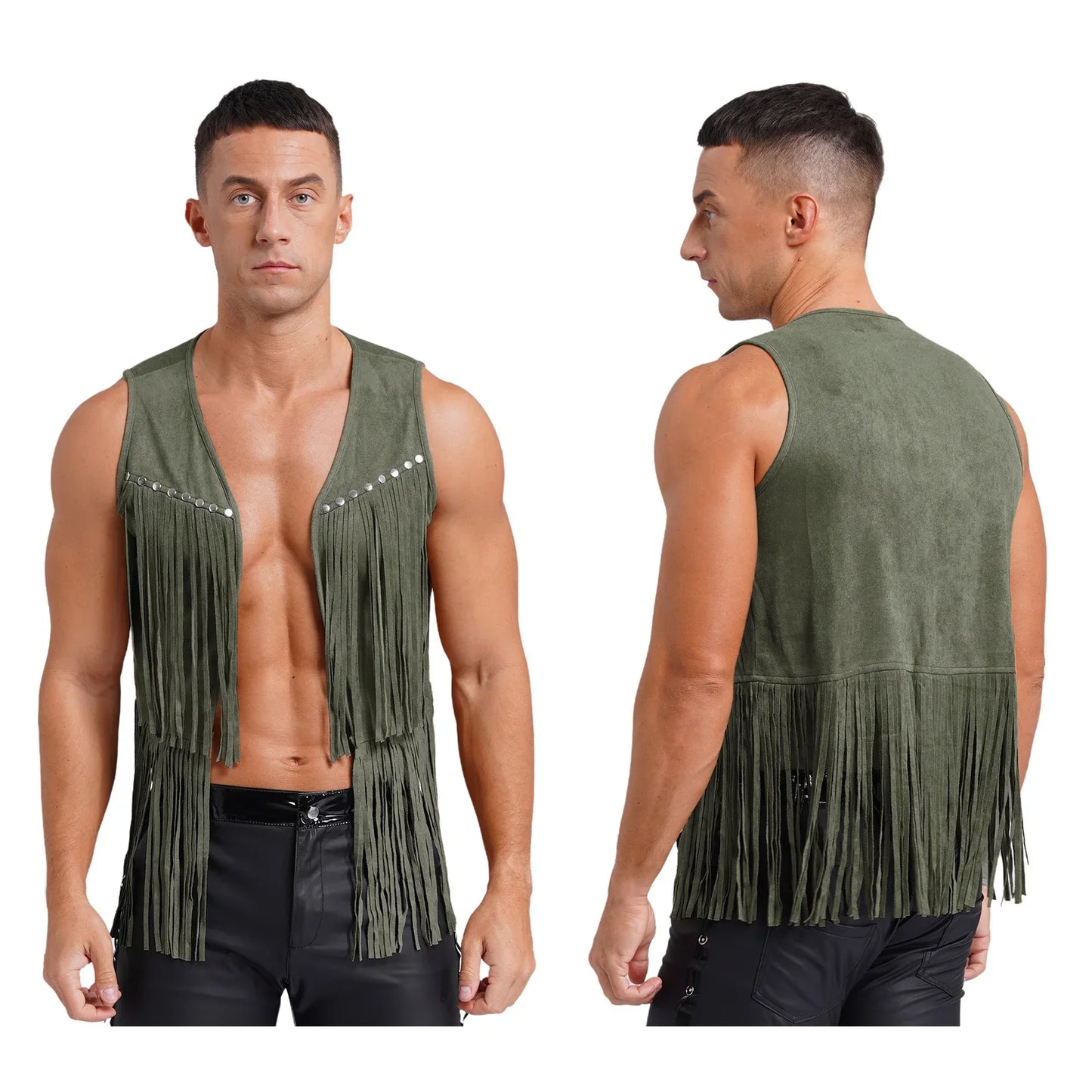 Gilet de cow-boy Western Halloween pour homme, en similicuir suédé, à pampilles et rivets, pour le motocyclisme, les raves, les fêtes et les boîtes de nuit