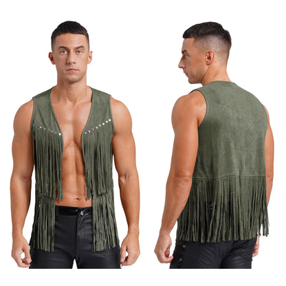 Gilet de cow-boy Western Halloween pour homme, en similicuir suédé, à pampilles et rivets, pour le motocyclisme, les raves, les fêtes et les boîtes de nuit