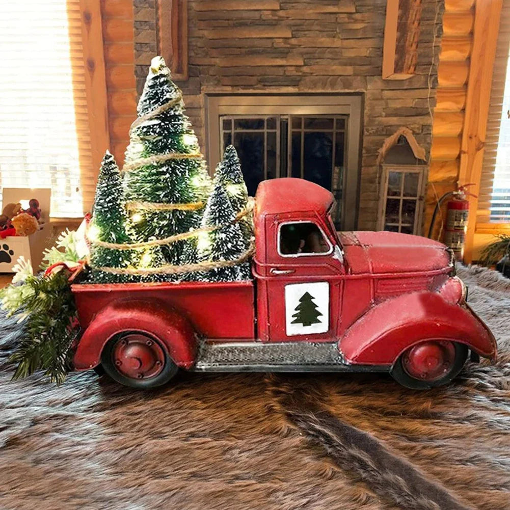 Christmas Retro Red Truck Ornaments Metal Car With Mini Green Tree And Box Xmas Table Decoration