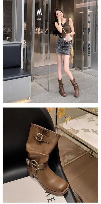 Bottes d'hiver de cowboy pour femmes, bottines décontractées à enfiler, fond épais, style moderne