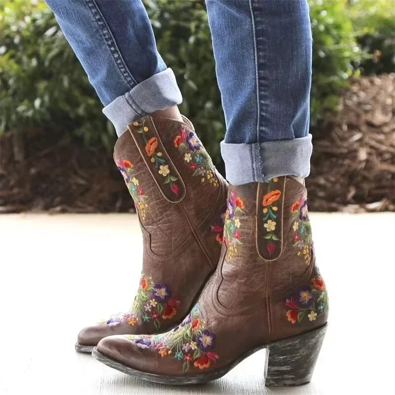 Autumn Medium Heel Woman Shoes Embroidered Design Short Boot Party Knee High Boots Pink Women Fashion Knee-high Boots