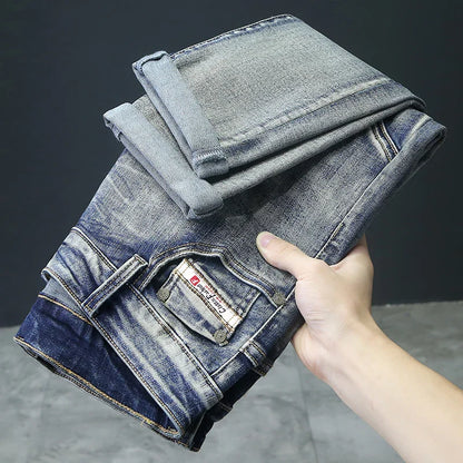 Jean Rétro Homme Slim Élastique Épissé Zip Skinny Crayon Pantalon Harajuku Hip-hop Rock Moto Denim Pantalon Streetwear