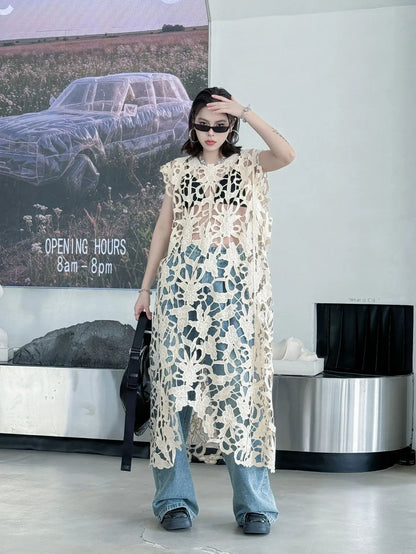 [EWQ] Chic belle Robe européenne à la mode femmes vêtements crochet à motifs découpe Robe sans manches Robe noire 2025 été nouveau