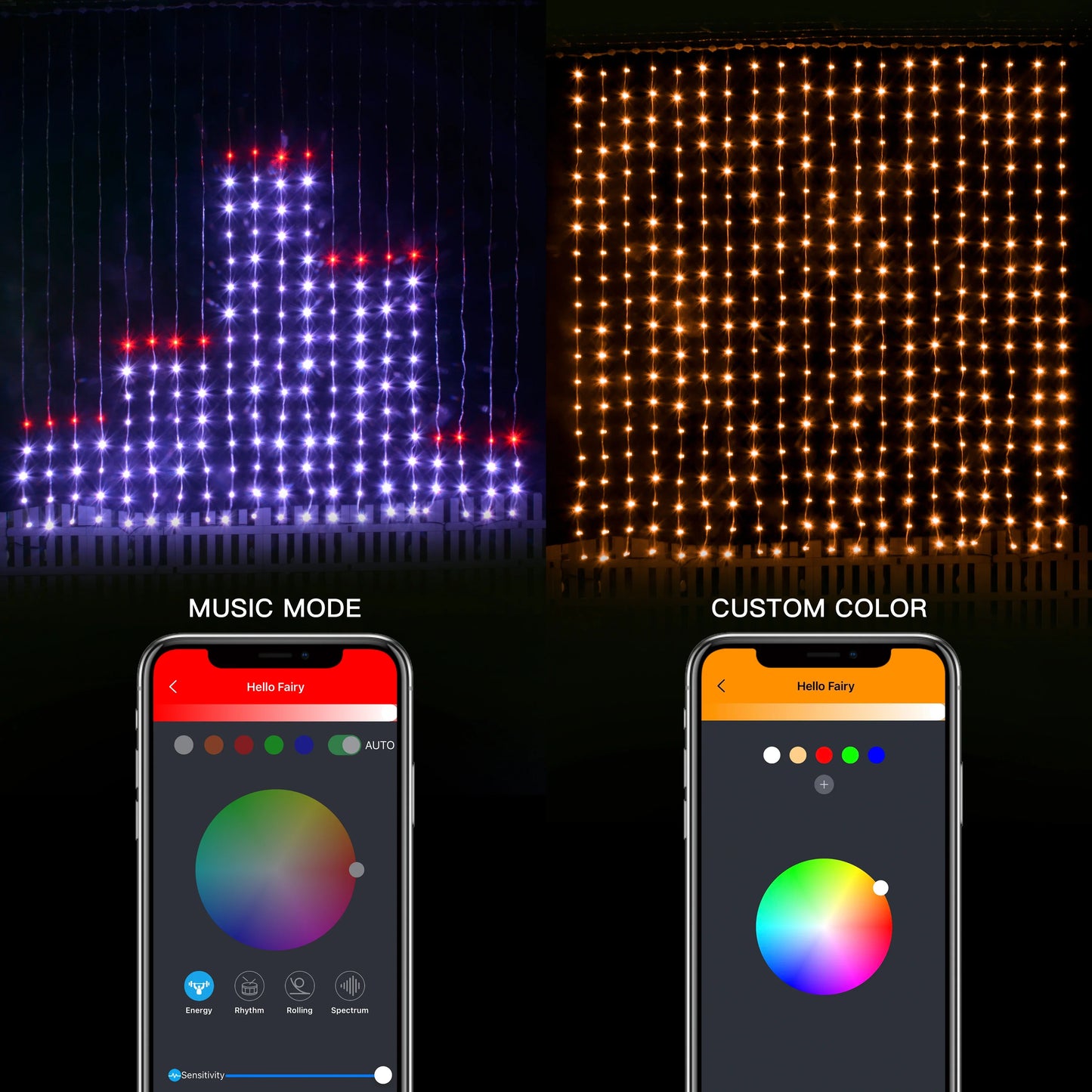Rideau lumineux Led intelligent, guirlande du nouvel an, guirlande lumineuse féerique RGB, affichage du changement de musique, pour fenêtre, décoration de salle de noël
