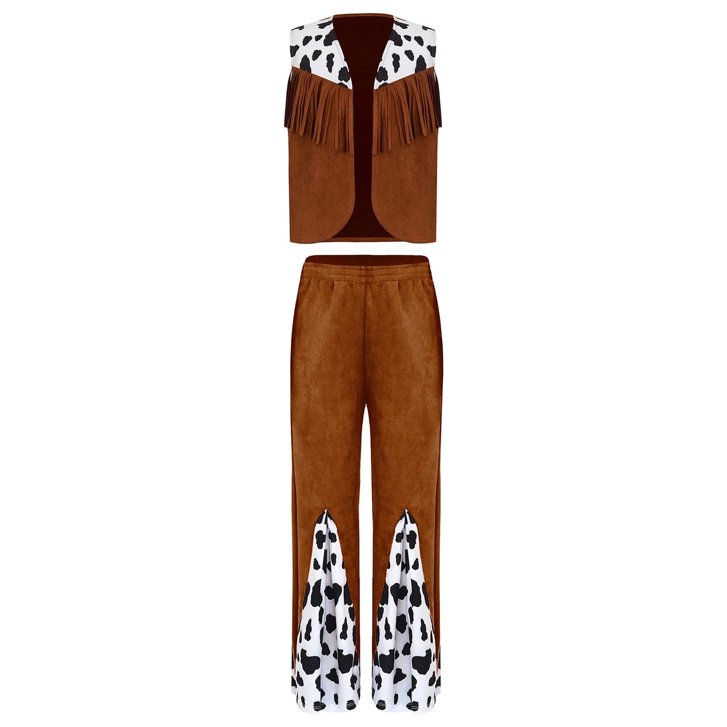 Enfants enfant Halloween Western Cowboy Cowgirl Cosplay Costume imprimé vache gilet à pampilles et ensemble de pantalon évasé Carnaval fête habiller