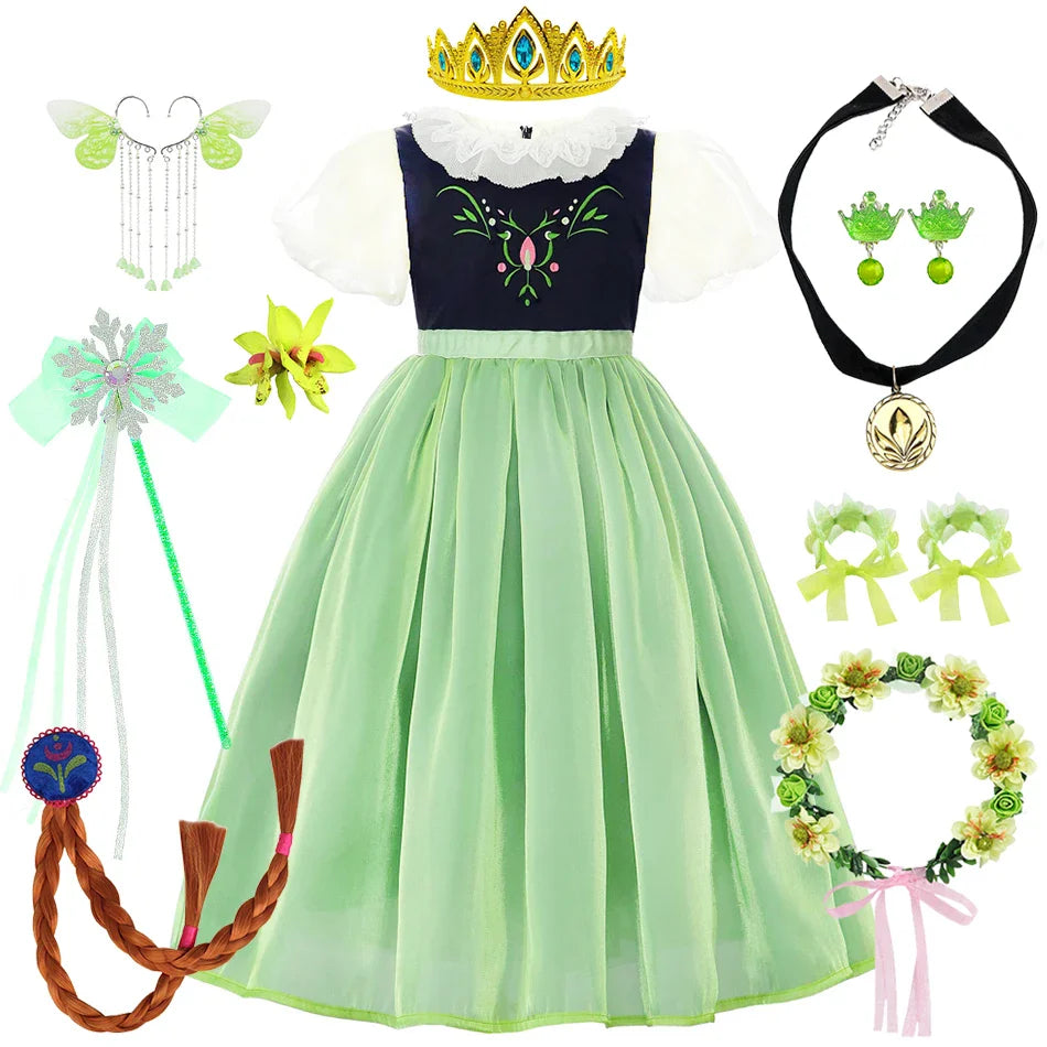 Robe de princesse de cosplay Anna pour filles, costume en maille à manches lanternes, pour fête d'anniversaire, carnaval, Halloween, robe de bal pour enfants