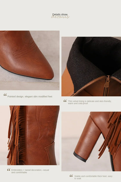 Botas De Mujer bottes De Cowboy occidentales brodées femmes mode pointu gland côté fermeture éclair genou bottes hautes chaussures gothiques 8508