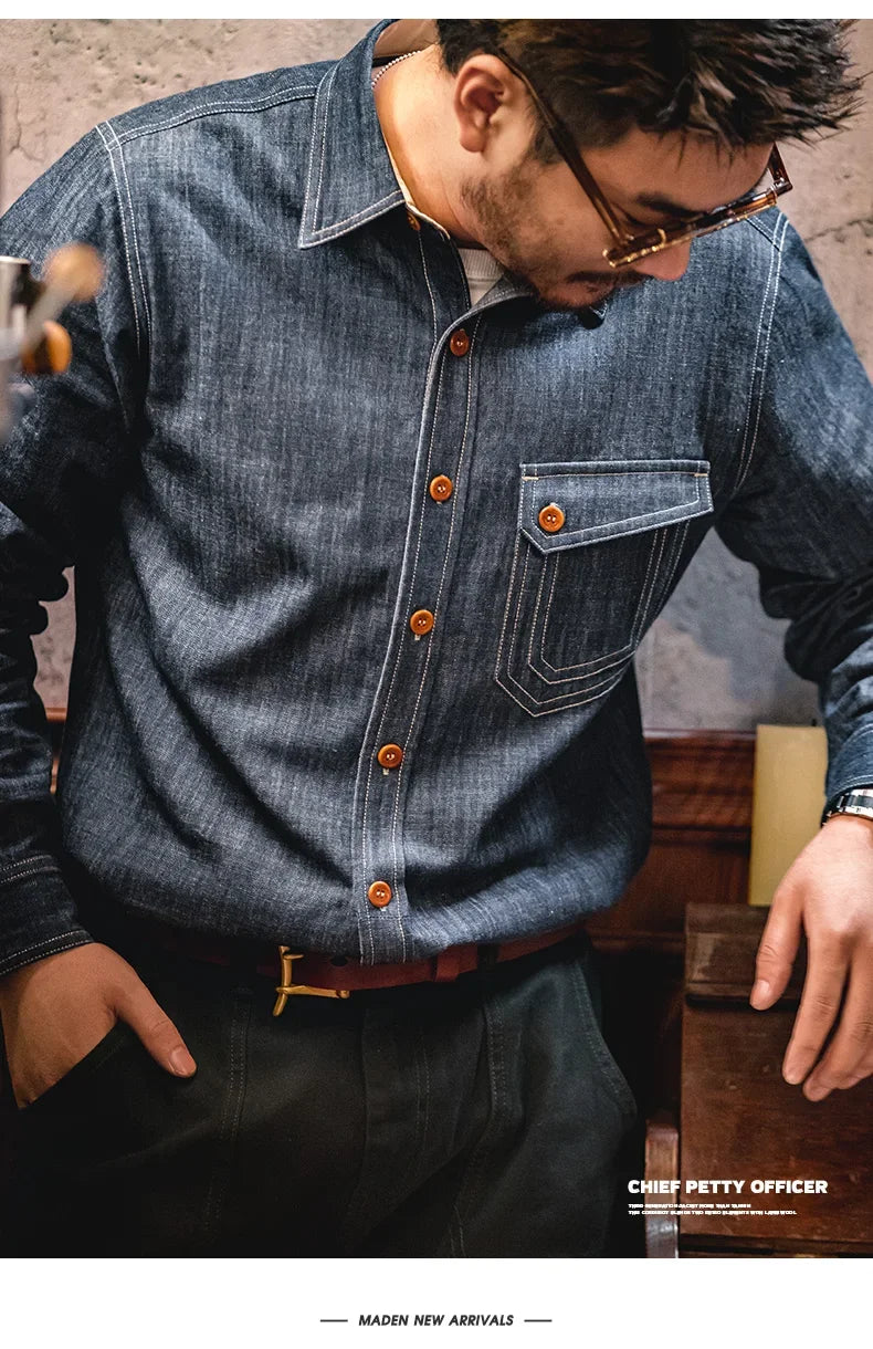 Maden Men Vintage Long Sleeve Western Cowboy Denim Shirt Outerwear Tough Guy Shirt Men's Cotton Casual Shirt XXL XXXL