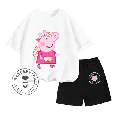 Peppa Pig-themed Animated Cartoon Print Design O-neck Sweet Short Sleeves and Simple Shorts for Boys and Girls Summer Suit