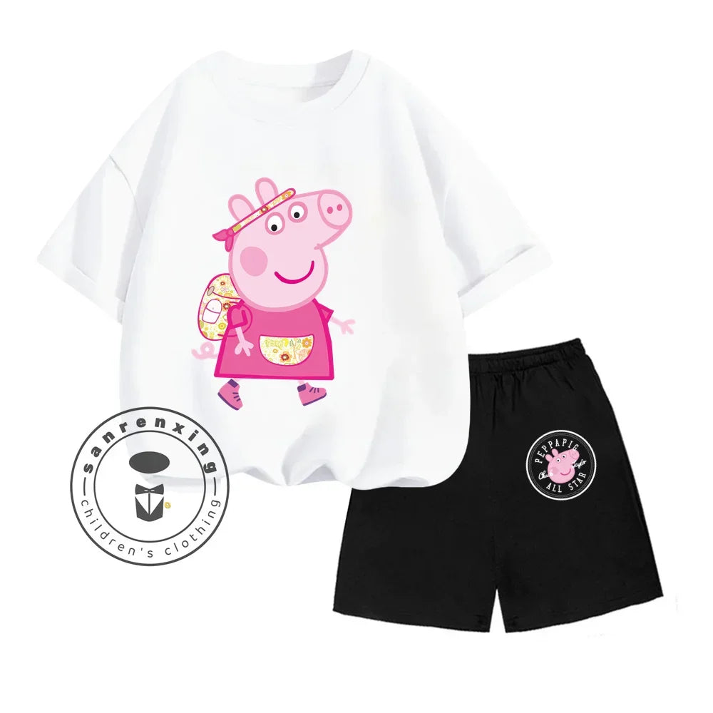 Peppa Pig-themed Animated Cartoon Print Design O-neck Sweet Short Sleeves and Simple Shorts for Boys and Girls Summer Suit