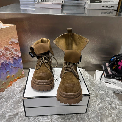 Bottes de Cowboy à grande tête en détresse, mode rétro, bottes de chevalier montantes de Style moto haut de gamme, bottes à semelles épaisses pour filles et femmes