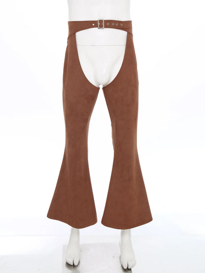 Womens Faux Suede Leather Cowboy Pants Vintage Adjustable Waist Hollow Out Bell Bottoms Biker Pants Riding Motorcycle Trousers