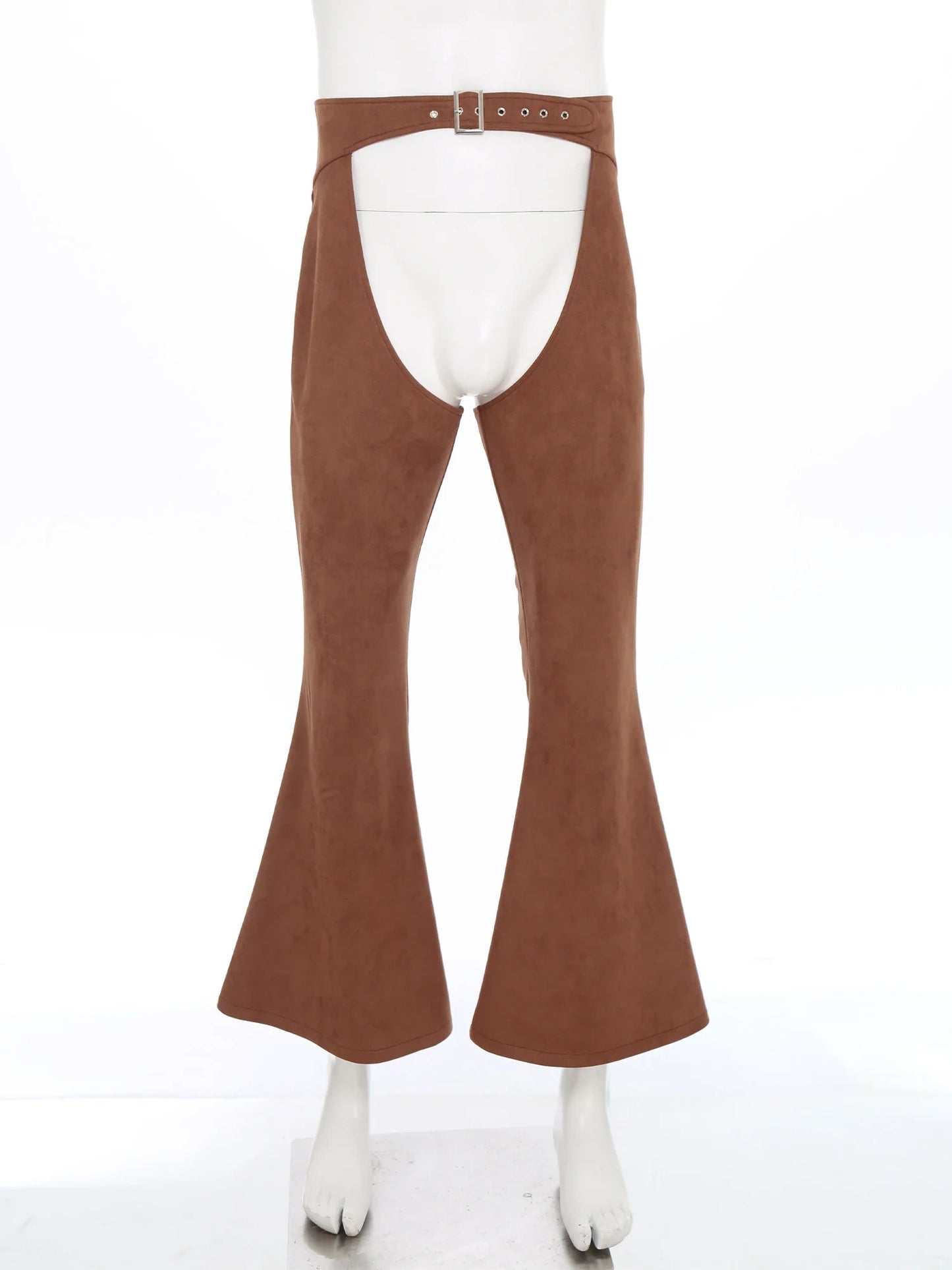 Womens Faux Suede Leather Cowboy Pants Vintage Adjustable Waist Hollow Out Bell Bottoms Biker Pants Riding Motorcycle Trousers