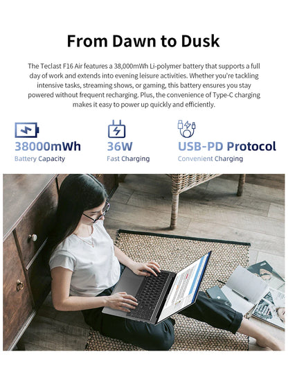 TECLAST F16 Air 16 inch laptop, Flip 180 degree, 16GB + 512GB, for Intel N95 CPU, Windows 11, mini HDMI, backlit keyboard