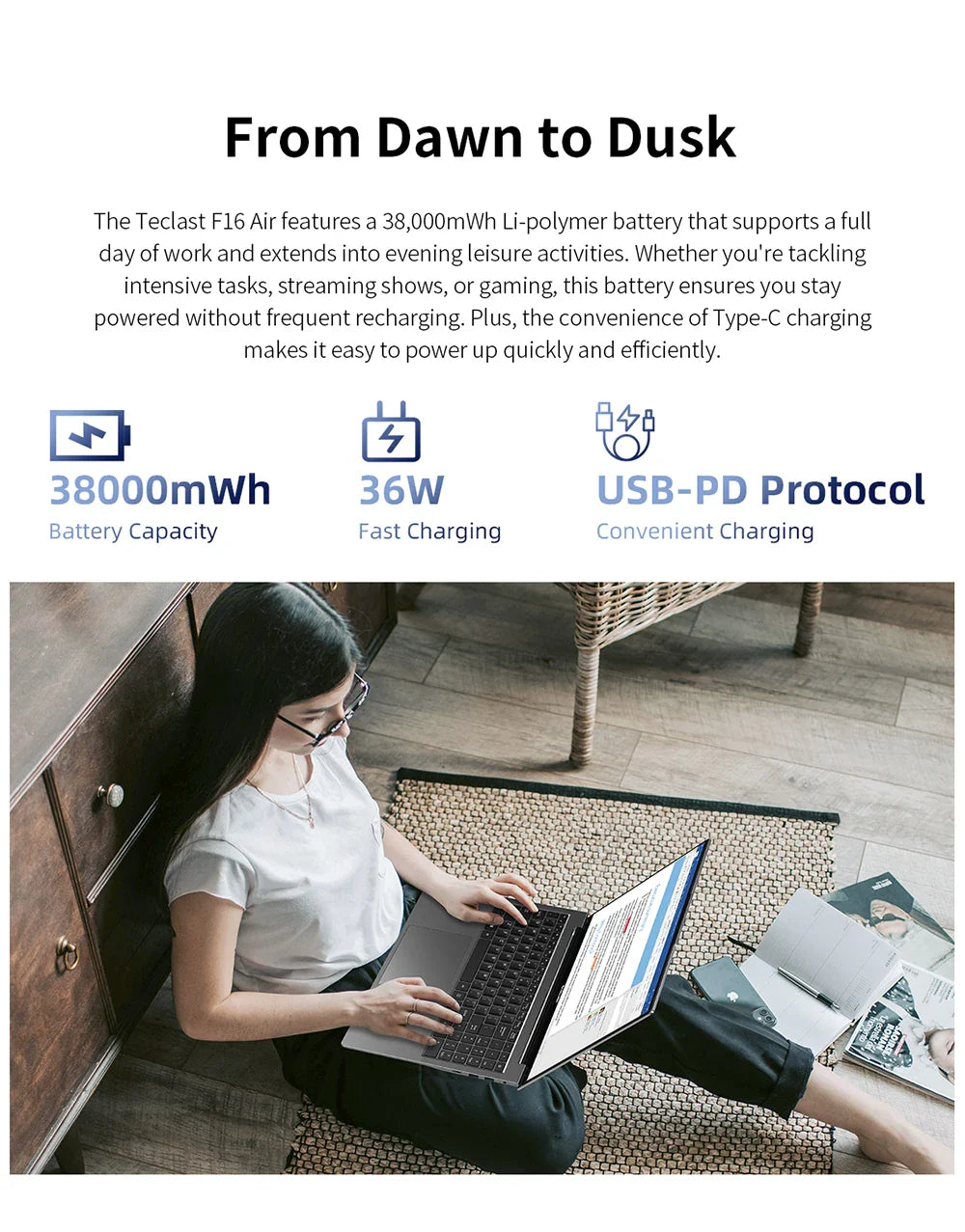 TECLAST F16 Air 16 inch laptop, Flip 180 degree, 16GB + 512GB, for Intel N95 CPU, Windows 11, mini HDMI, backlit keyboard
