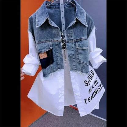 Blouson en jean pour femme Faux deux chemises en jean 2025 Nouvelle collection printemps été automne Décontracté Mode Joker Couture Rayé Hauts Manteau Femme