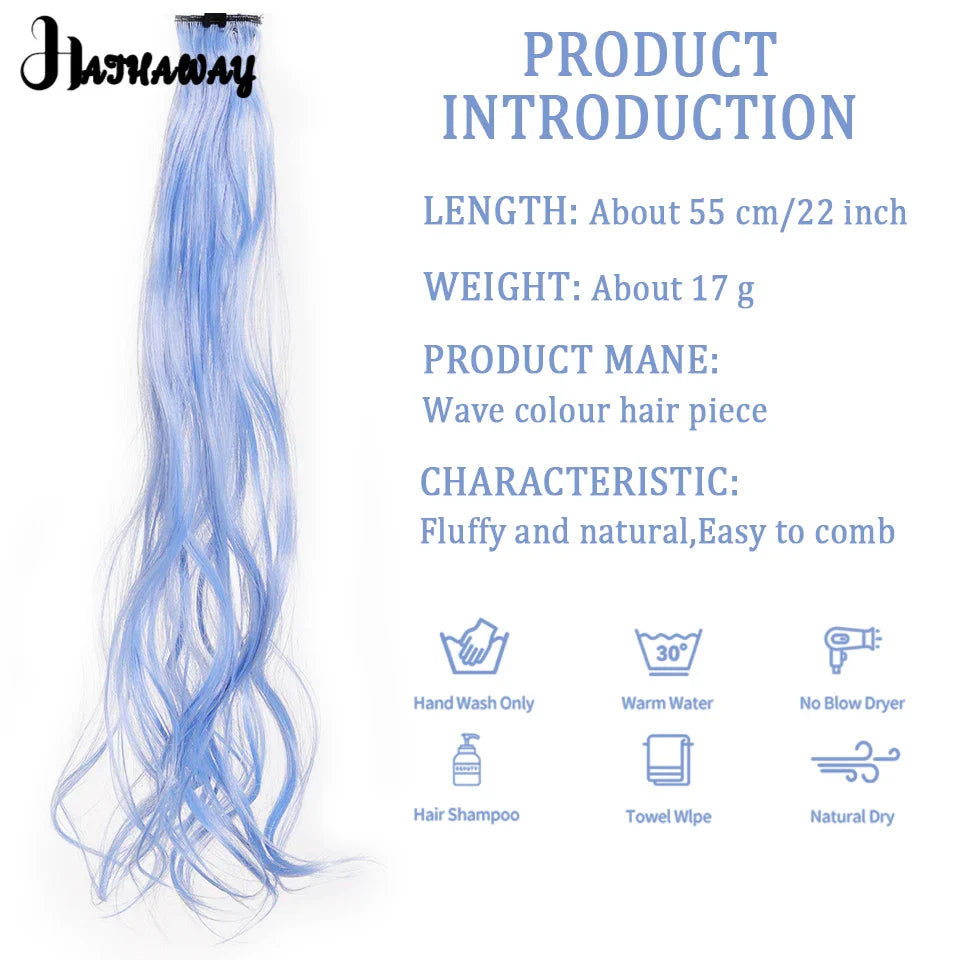 Extensions de cheveux bouclés de 22 pouces, postiche de couleur, mèche de cheveux arc-en-ciel à clipser, mèche de cheveux synthétiques bleus à clipser