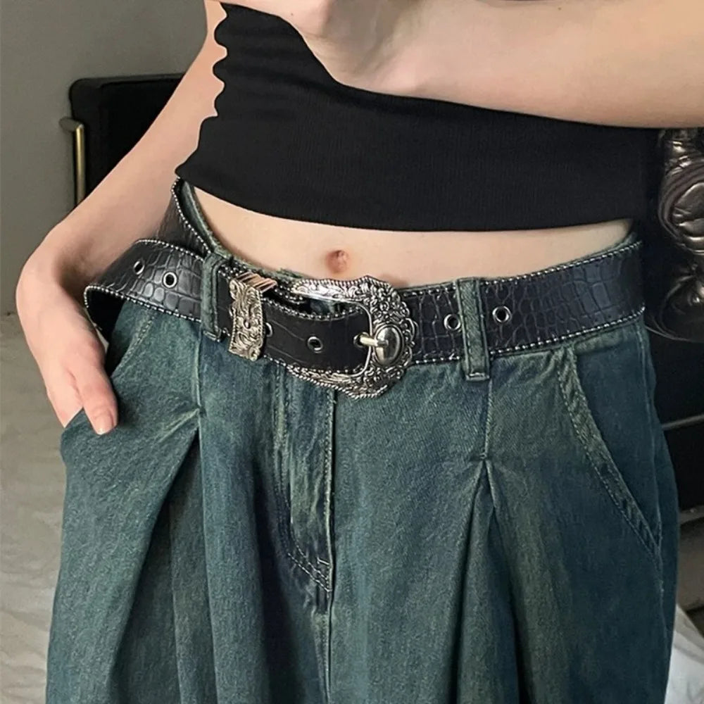Ceinture Western en Cuir PU Femme Homme Cowboys Unisexe avec Boucle Métallique Gravée