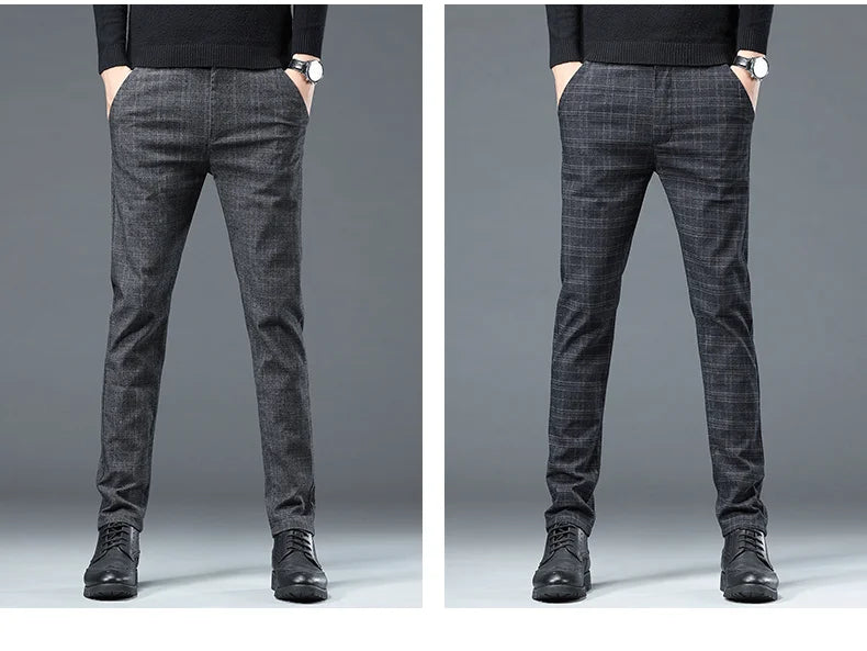 Autumn Winter New Fleece Thickened Casual Pants Men Business Straight Slim Plaid Pants Black Gray Men's Warm Trousers