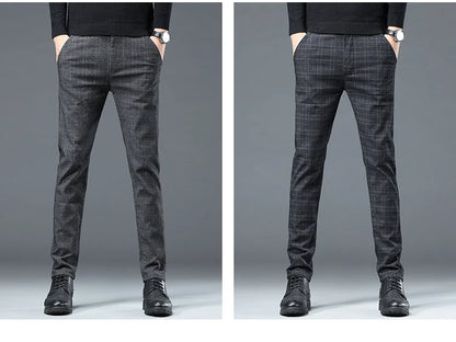 Autumn Winter New Fleece Thickened Casual Pants Men Business Straight Slim Plaid Pants Black Gray Men's Warm Trousers