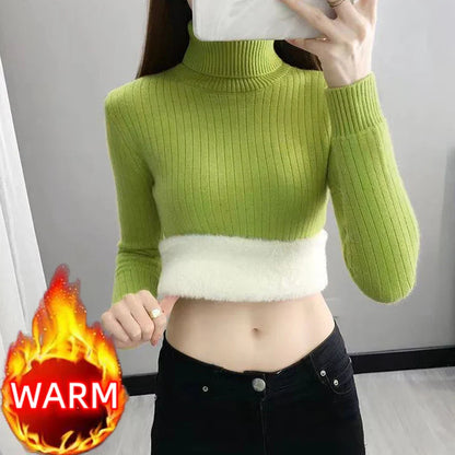 Turtleneck Winter Sweater Women Elegant Thicken Velvet Lined Warm Sueter Fleece Knitted Pullover Slim Top Jersey Knitwear Jumper