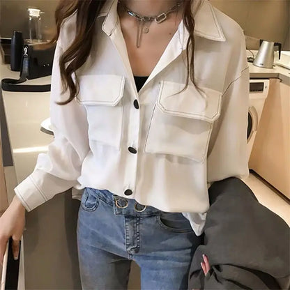 New Chic Sexy Chemise Tunic Long Sleeve White Collar Clothes Collared Aesthetic Tops Women's Blouse Korean Women Shirts Clothing