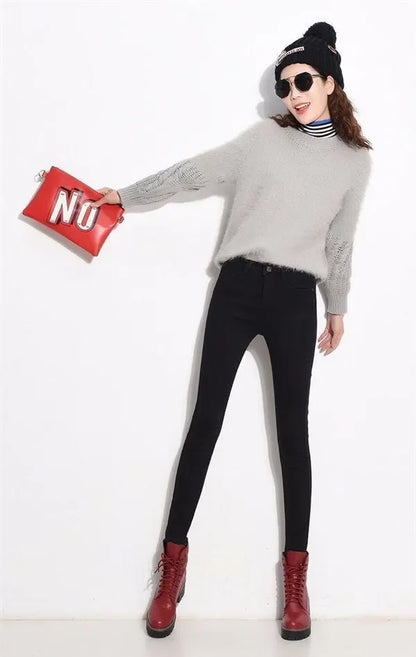 WinterFleece-Lined Thickened High-Waisted Jeans Women's Korean Style Black Slimming Trousers Student Elastic Long Pants