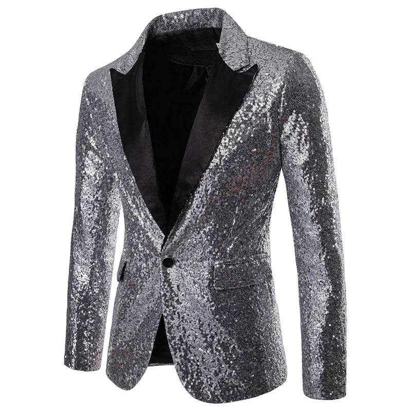Fashion Men Luxurious Sequin Suit Jacket Green / Silver Men's Bar KTV Stage Dress Male Blazer Coat