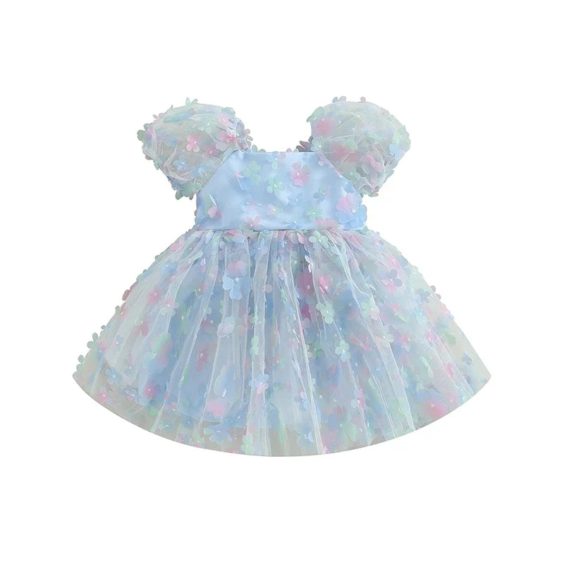 Robe en Tulle à manches bouffantes pour petites filles, tenue de fête d'anniversaire en maille fleur/papillon 3D, vêtements décontractés pour petites filles, robes de princesse