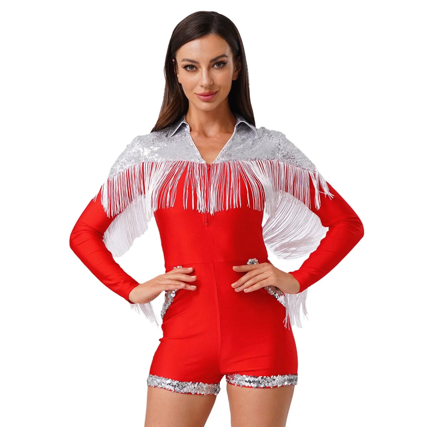 Womens Halloween Western Cowgirl Playsuit Sparkly Cosplay Costume 70s 80s Disco Bodysuit Tassel Fringe Sequins Boyshorts Rompers