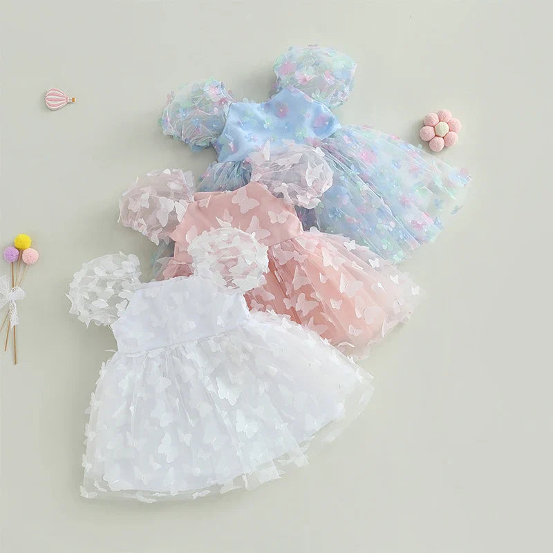 Robe en Tulle à manches bouffantes pour petites filles, tenue de fête d'anniversaire en maille fleur/papillon 3D, vêtements décontractés pour petites filles, robes de princesse