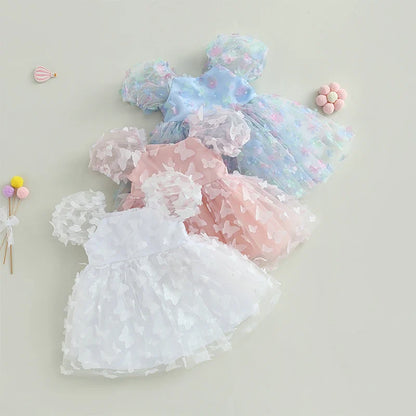 Robe en Tulle à manches bouffantes pour petites filles, tenue de fête d'anniversaire en maille fleur/papillon 3D, vêtements décontractés pour petites filles, robes de princesse