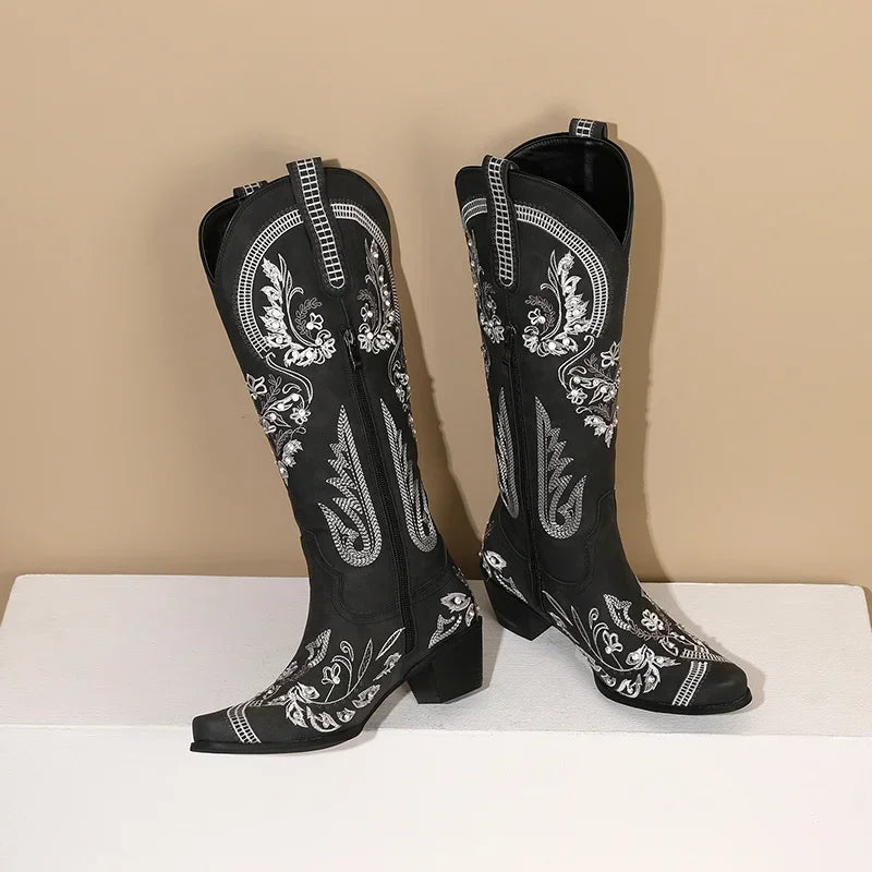 Bottes de cowboy occidentales au genou pour femmes, broderie de fleurs, biscuits, blanc, marron, rond, Parker, talons hauts, rétro, bottes longues de cowgirl