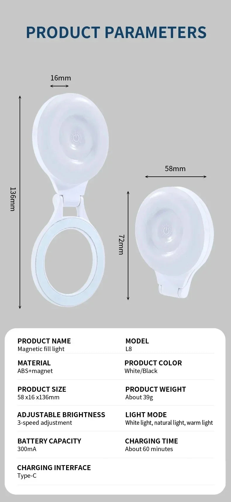 Lampe LED magnétique de poche pour Selfie, pour IPhone, IPad, téléphone portable, ordinateur portable, remplissage Flash, vidéo, Photo, lampe de photographie